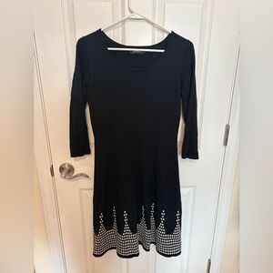 Nine West Black Long Sleeve Scoop Dress with Black-and-White Patterned Hem